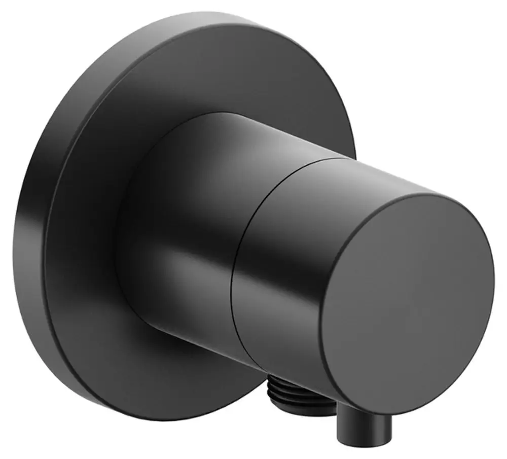 Schwarzes Umstellventil von Keuco mit rundem Design und Schlauchanschluss, montiert an einer Wand.